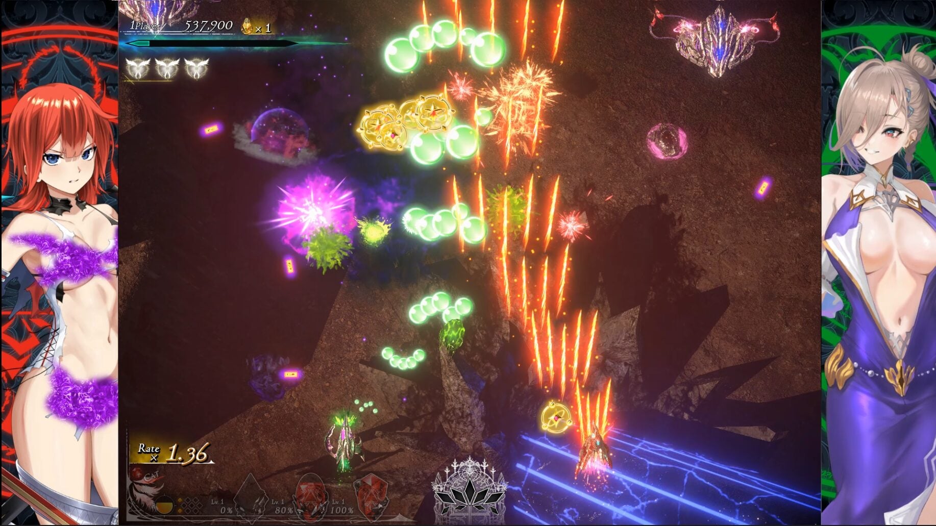 A screenshot from a Japanese visual novel or game, featuring a central action scene with glowing green and orange projectiles, flanked by two anime-style female character portraits on the left and right with red and green hair and purple outfits.