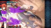 A digital anime-style illustration featuring a female character with red hair, a white and gray tattered dress, and glowing purple energy effects. The image has a dark ornate blue patterned border on the right and a blurred red-haired character on the left, with game-style interface elements at the bottom.