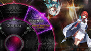 A digital screenshot of a video game user interface with anime-style character art. The left side shows dark menu panels labeled Tutorial, Gameplay, Options, and Arcade Mode, with a glowing purple highlighted path labeled Story Mode.