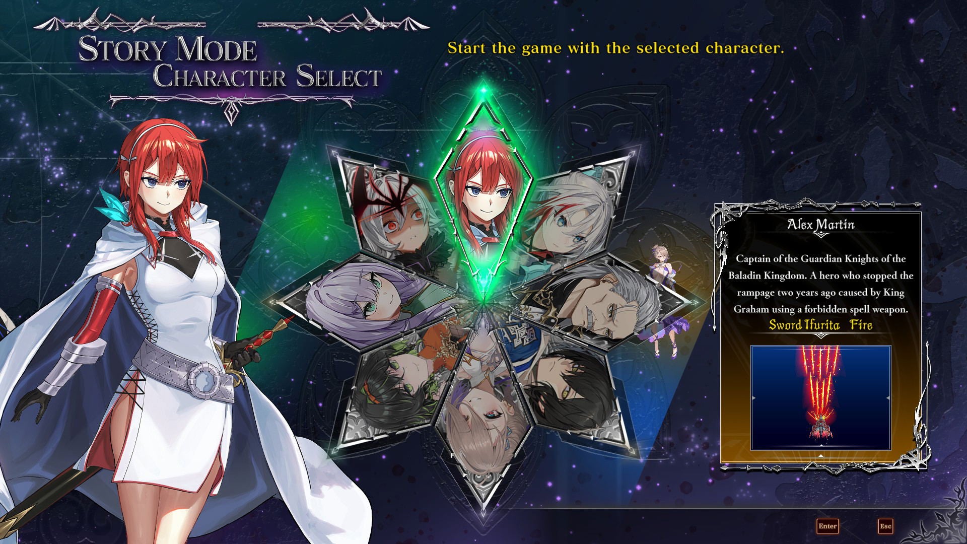 A digital character selection screen for a game, showing anime-style female characters arranged around a central glowing emblem. The interface includes the text 'Story Mode Character Select,' a character profile panel labeled Alex Martin, and a small character portrait thumbnail.