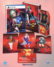 A PlayStation 5 game bundle for Caladru2 featuring a PS5 game case, a book, an arcade cabinet model, character art cards, and a sticker, all displayed on a pink gradient background with Playasia and PS logos at the bottom.
