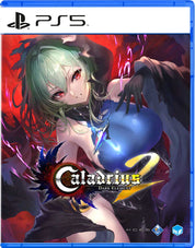 PS5 game case cover for Caladrius 2: Dark Element, featuring anime-style artwork of a pale green-haired character with red eyes holding a glowing blue orb against a red and black background.