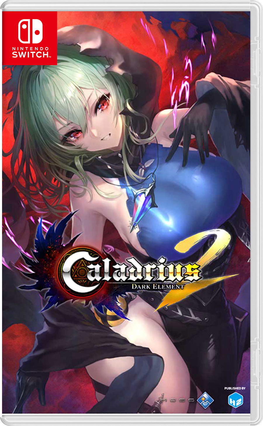 Front cover of the Nintendo Switch game Caladrius 2: Dark Element, featuring anime-style artwork of a pale green-haired female character with red eyes holding a glowing blue orb against a red and purple background. Nintendo Switch branding is visible in the top-left corner.