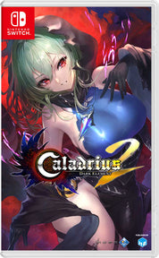 Front cover of the Nintendo Switch game Caladrius 2: Dark Element, featuring anime-style artwork of a pale green-haired female character with red eyes holding a glowing blue orb against a red and purple background. Nintendo Switch branding is visible in the top-left corner.