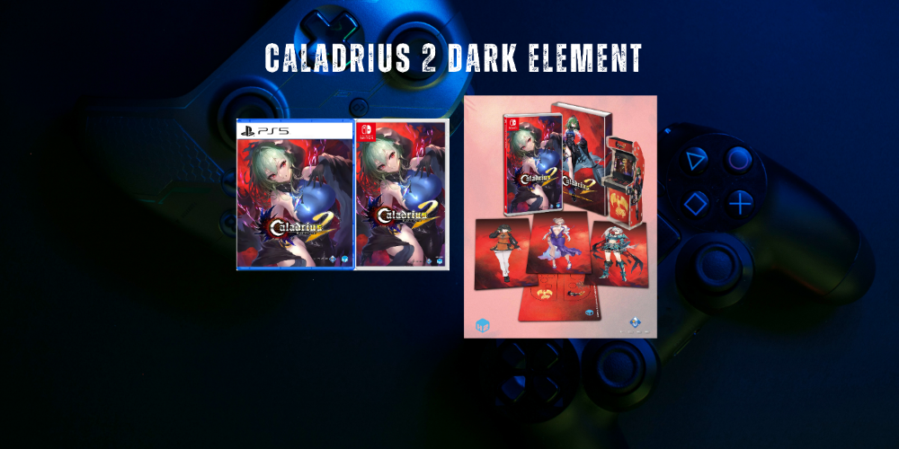 Promotional graphic for a 'Caladrius 2 Dark Element' themed PS5 game case and matching PS5 controller skin, displayed against a dark blue background with a PlayStation controller.