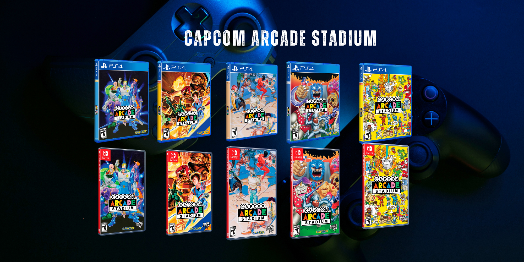A promotional graphic for the Capcom Arcade Stadium video game collection, showing eight PS5 game cases arranged in two rows against a dark blue background with a blurred PlayStation controller and the text 'CAPCOM ARCADE STADIUM' at the top.