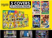 Promotional graphic for '5 Covers to Choose From!' for Gamergate Arcade Stadium, showing multiple platform game covers (Nintendo Switch, PS5, PS4, Xbox) and a booklet on a bright yellow background, with smaller screenshots and cabinet views along the bottom.