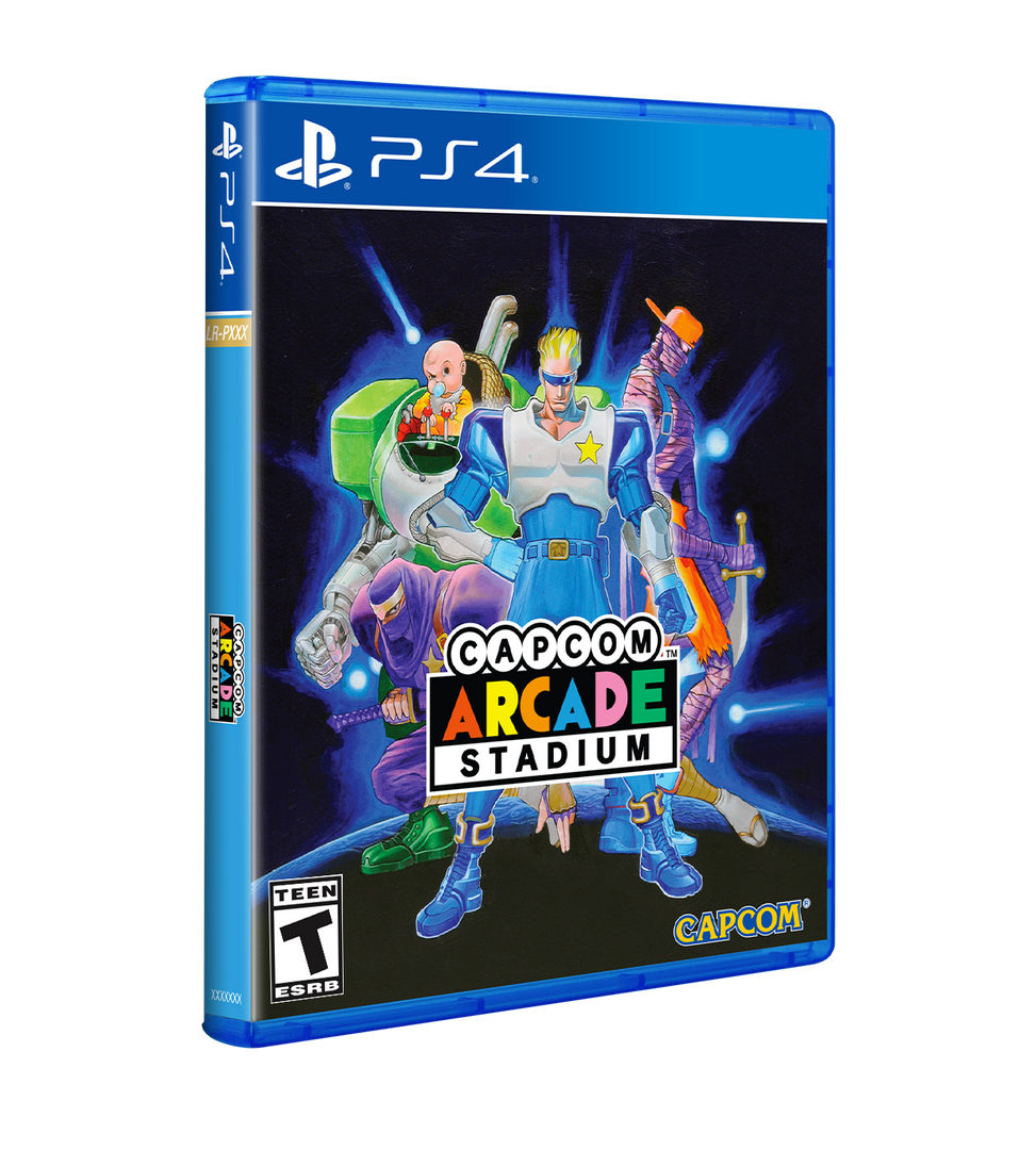 PS4 game case for Capcom Arcade Stadium, featuring colorful character artwork on a black background with blue PS4 branding at the top.