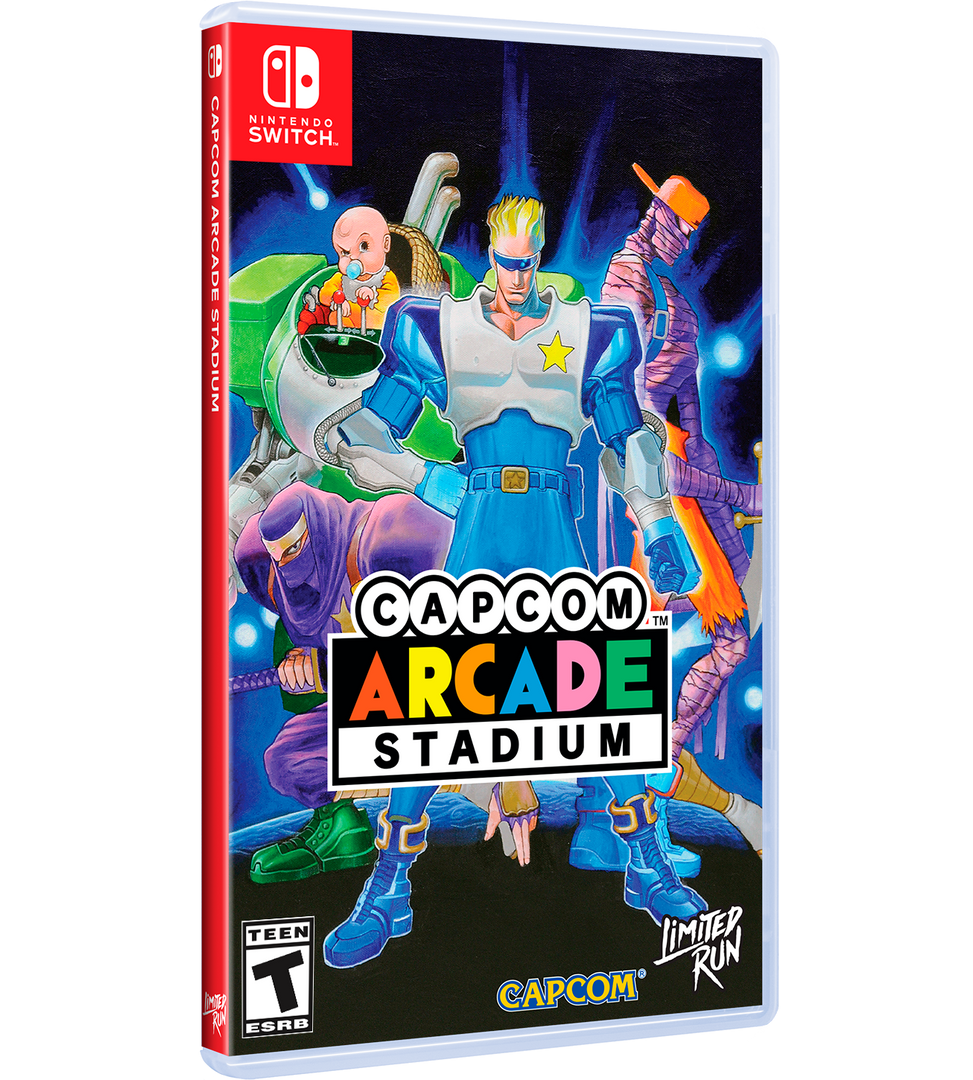 Nintendo Switch game case for Capcom Arcade Stadium, featuring colorful retro game artwork with multiple characters on the front cover and a red Nintendo Switch banner on the spine.