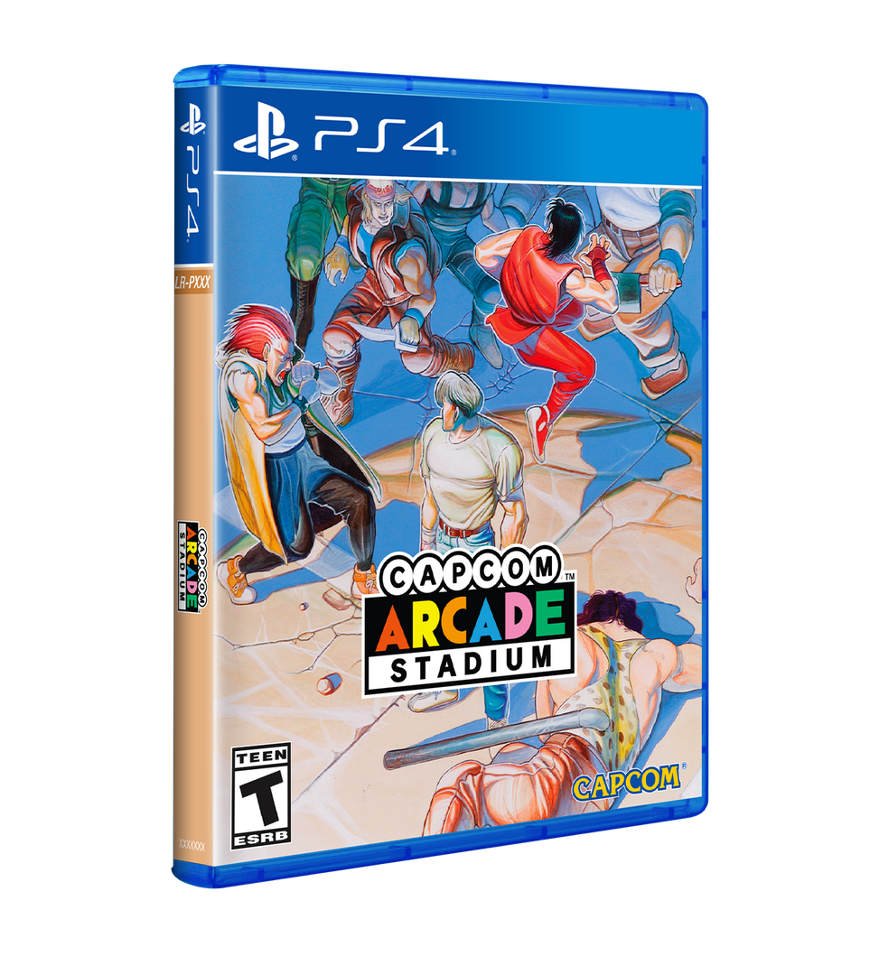 PS4 game case for Capcom Arcade Stadium, featuring colorful illustrated characters on the cover and a blue PlayStation 4 case border, shown on a white background.