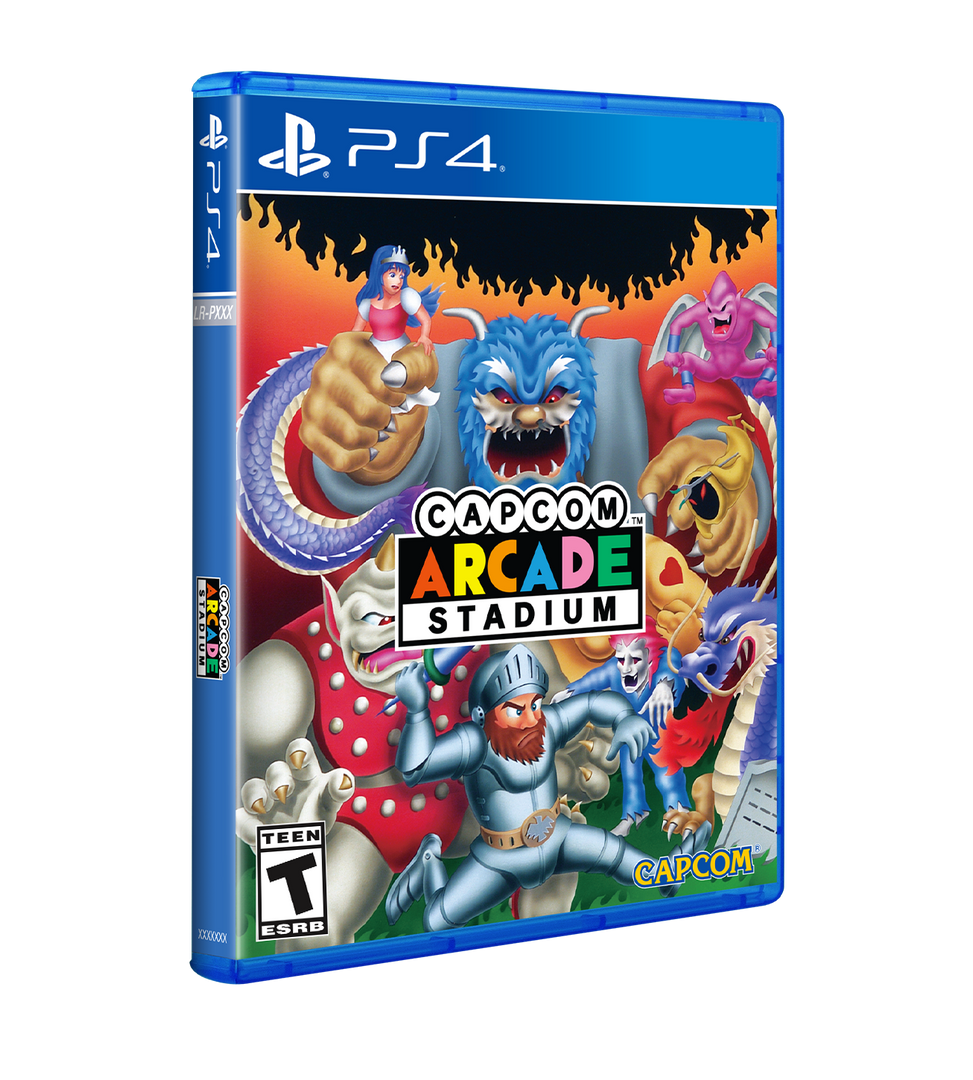 Capcom Arcade Stadium video game case for PlayStation 4, featuring colorful retro-style character artwork on the cover and spine, photographed on a plain white background.