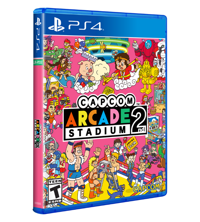 Capcom Arcade Stadium 2 PS4 game case shown at a three-quarter angle on a plain white background. The cover features a highly detailed, colorful cartoon illustration of various characters in a sports arcade setting, with the PS4 branding at the top and the Capcom logo at the bottom.
