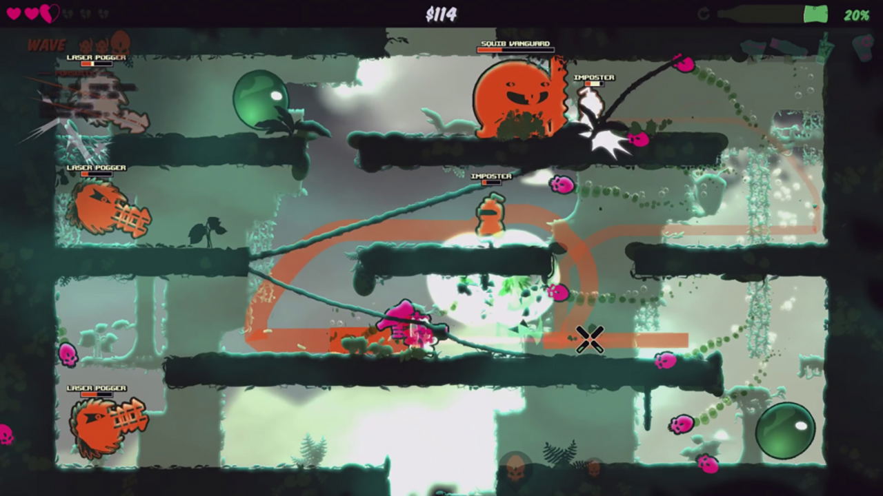 Screenshot of a platformer game with characters and obstacles on a dark background
