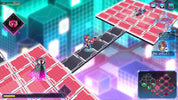 Game interface with character movement on a grid in a colorful, futuristic setting