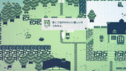 Pixel art style landscape with a character and text box in a green and blue color scheme.