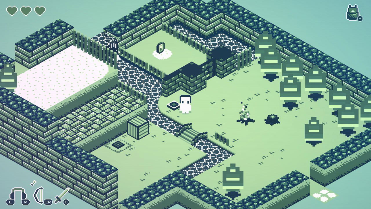 Isometric game map with paths, rooms, and a character in a green and blue color scheme.