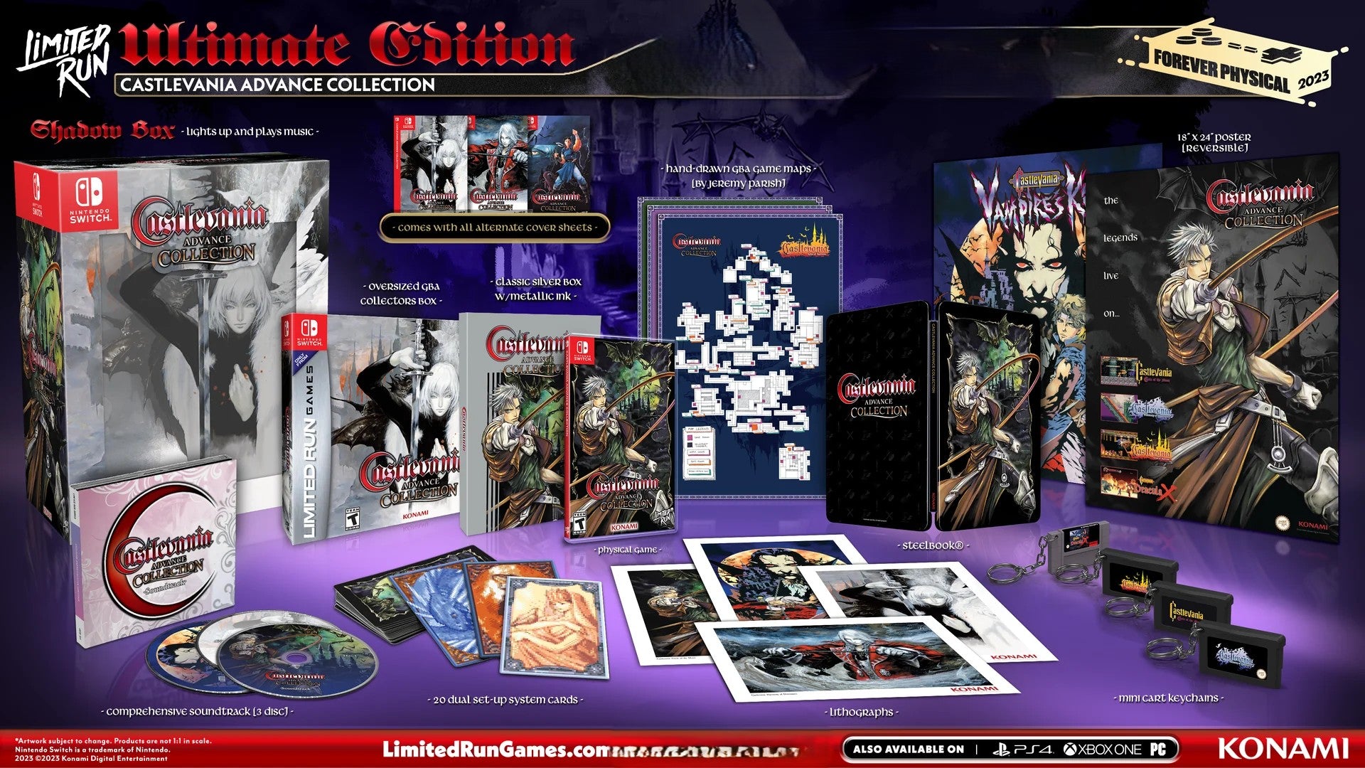 Castlevania Advance Collection Limited Run Games Ultimate Edition packaging with various game cases and promotional materials.