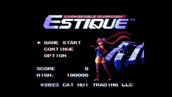 Pixel-art game title screen for Changeable Guardian Estique on a black background, with menu options Game Start, Continue, Option, Score, and High score, plus a small pixel character and blue robot graphic.