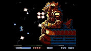 Pixel art screenshot from a retro video game showing a large mechanical dragon-like boss on a platform against a black background, with small floating particles and a UI bar at the bottom.