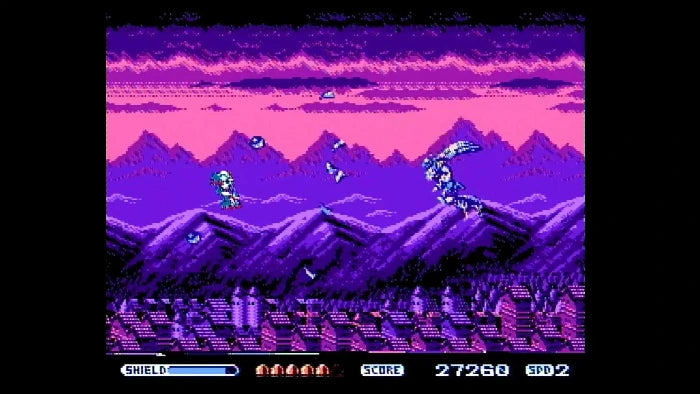 Pixel art scene from a retro video game showing a character jumping in front of purple mountains and a pink sky, with score and shield indicators along the bottom.