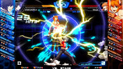 Screen from a fighting game with character portraits, health bars, and action effects.