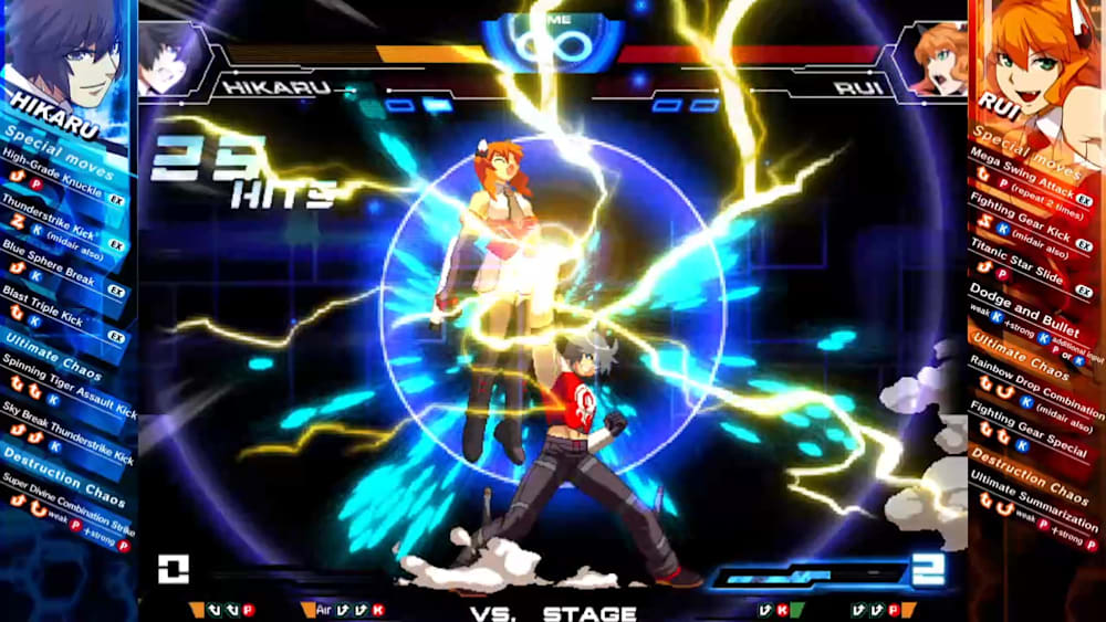 Screen from a fighting game with character portraits, health bars, and action effects.