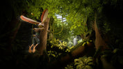 Dinosaur-like creature in a forest setting with people in the background