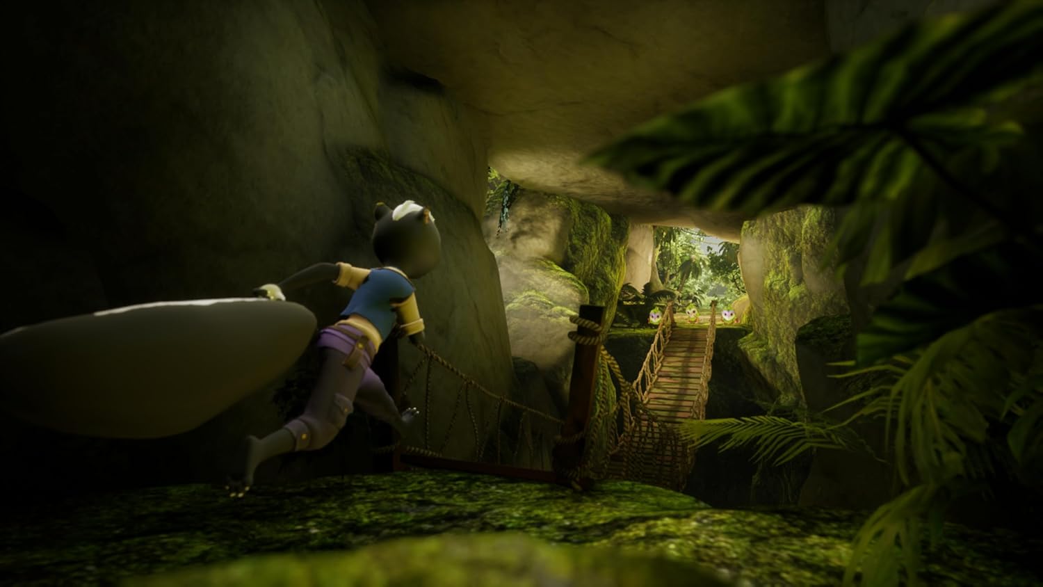 Person with surfboard in a tropical cave setting