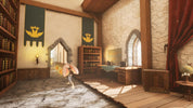 Character in a medieval-style room with bookshelves and banners.