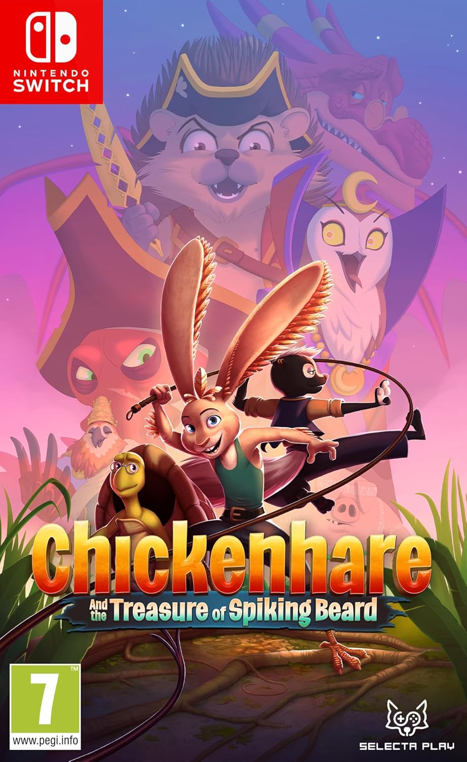 Game box for 'Chickenhare and the Treasure of Spiking Beard' on Nintendo Switch with cartoon characters and colorful design.