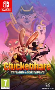 Game box for 'Chickenhare and the Treasure of Spiking Beard' on Nintendo Switch with cartoon characters and colorful design.