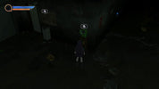 Dark, eerie scene with a character in a purple coat standing near a large creature in a dimly lit area.