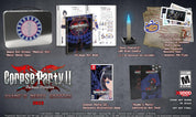 Collection of 'Corpus Party II' game merchandise including a metal case, art book, and cards on a dark background.