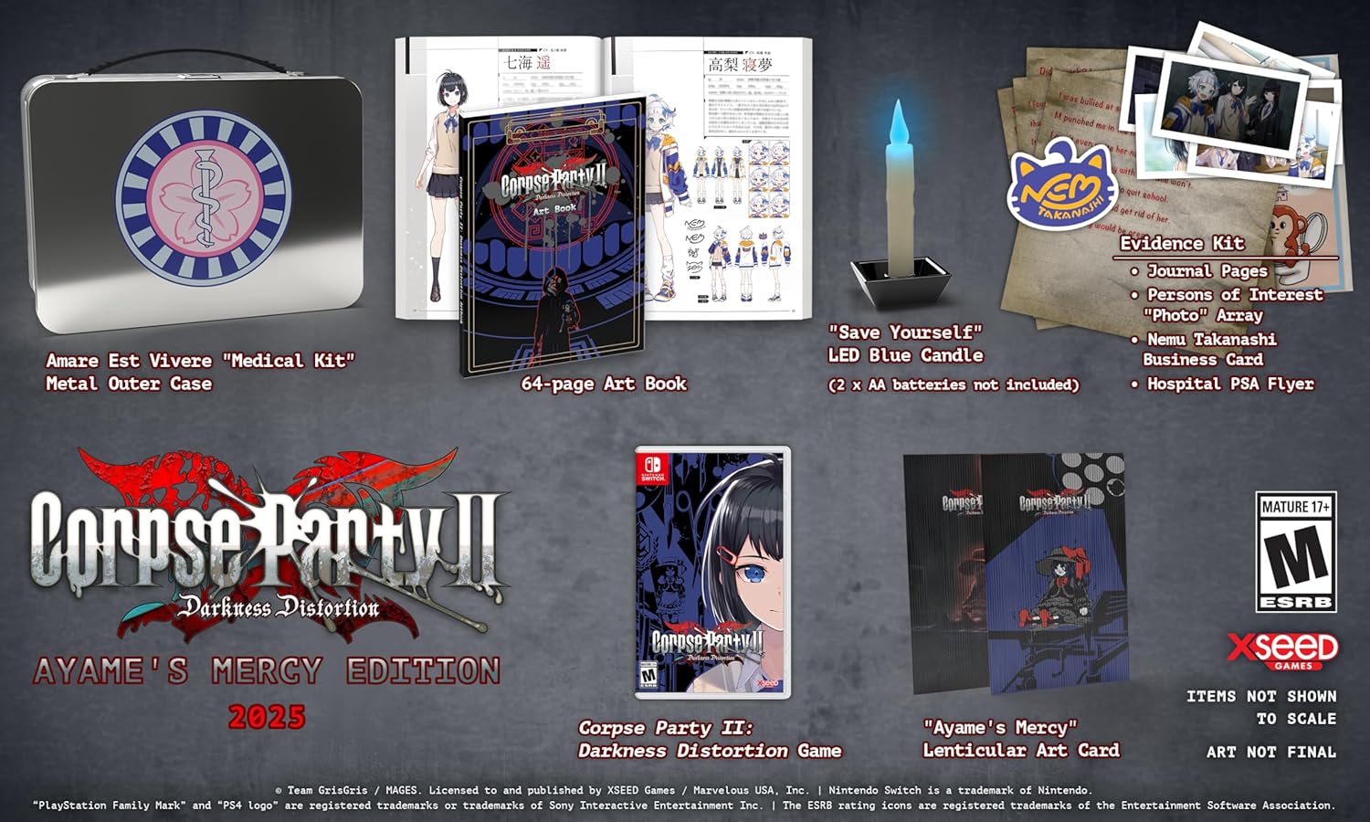 Collection of 'Corpus Party II' game merchandise including a metal case, art book, and cards on a dark background.