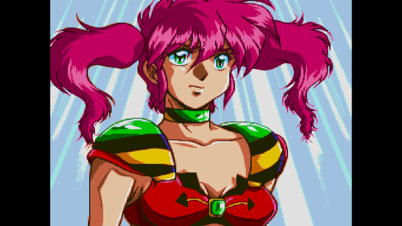 Animated character with pink hair and colorful outfit against a light blue background
