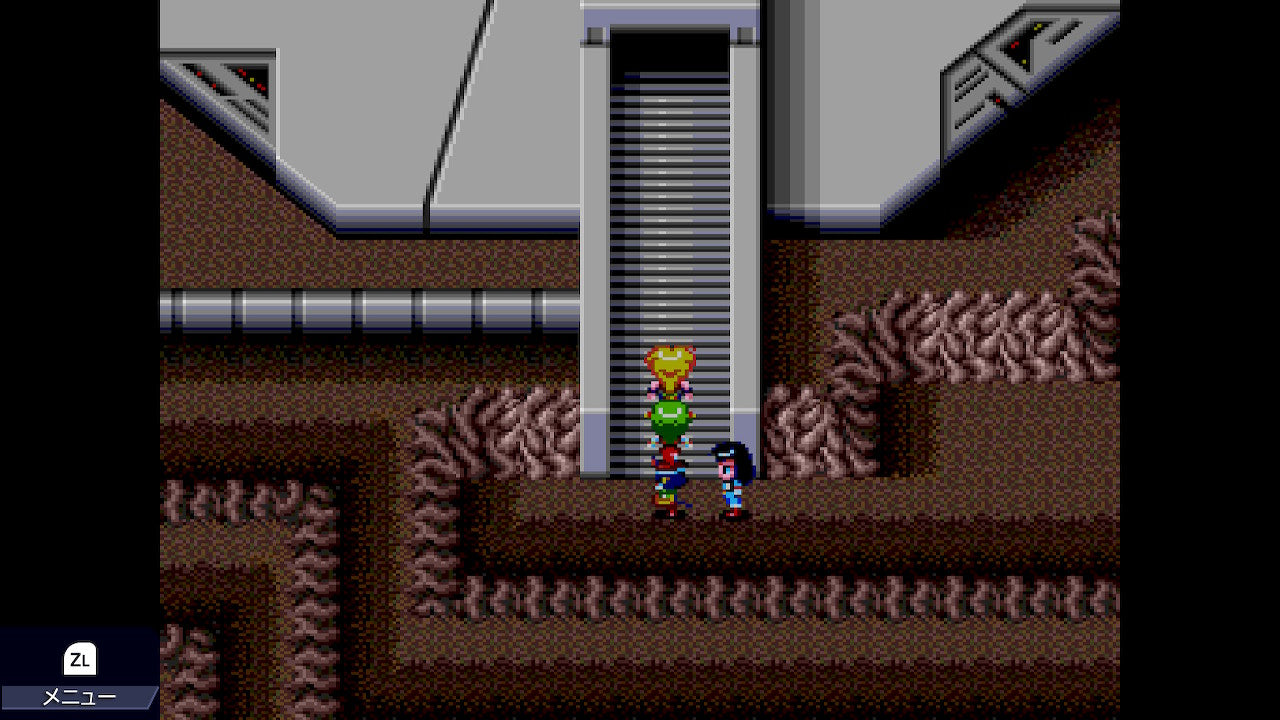 Pixelated video game scene with characters near an elevator in a dungeon-like setting.