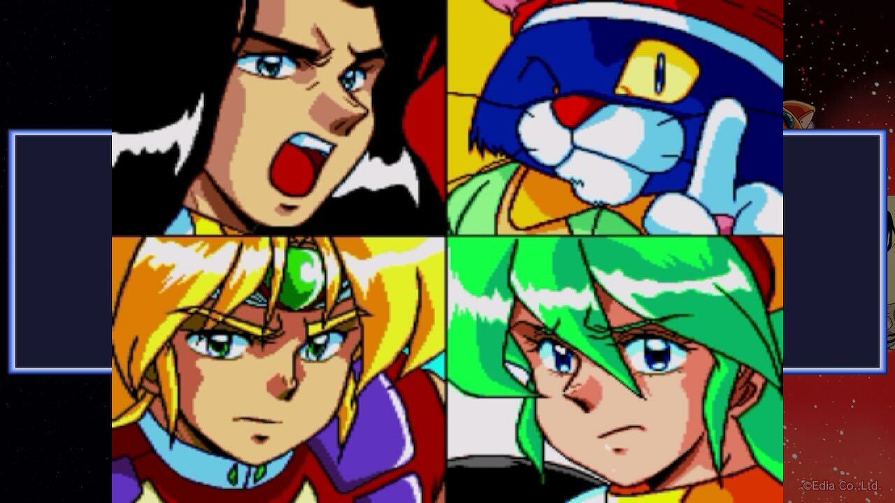 Four animated characters in a grid with a colorful background