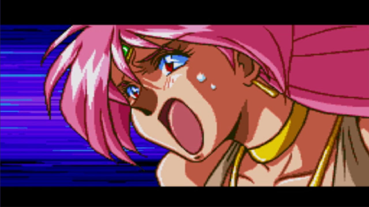 Animated character with pink hair and blue eyes in a close-up shot.