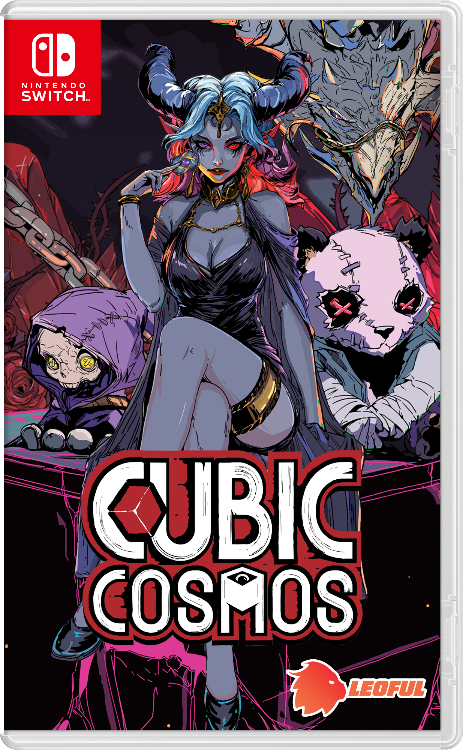 Nintendo Switch game case cover for Cubic Cosmos, featuring stylized fantasy artwork with a horned woman, a panda-like creature, and a purple hooded figure. The Nintendo Switch logo appears in the top-left corner, and the Leoful logo appears in the bottom-right.