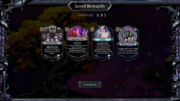 A screenshot of a video game interface showing 'Level Rewards' with four character cards displayed under level 2 advancement, on a dark fantasy background with a 'Confirm' button at the bottom.