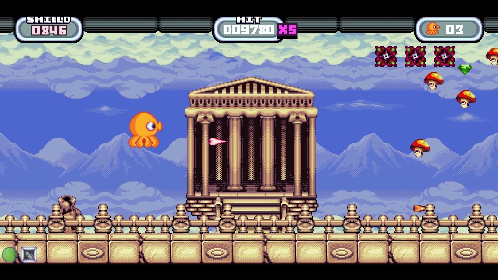 Pixel art-style game scene with a temple and characters in a mountainous landscape