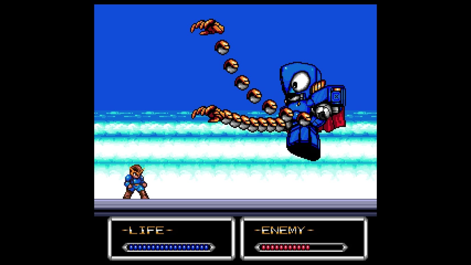 Screenshot of a classic video game with two characters and a blue background