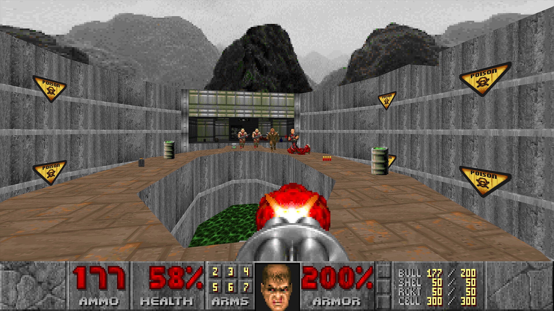 Screenshot of a first-person shooter game with a character in a dungeon-like environment.