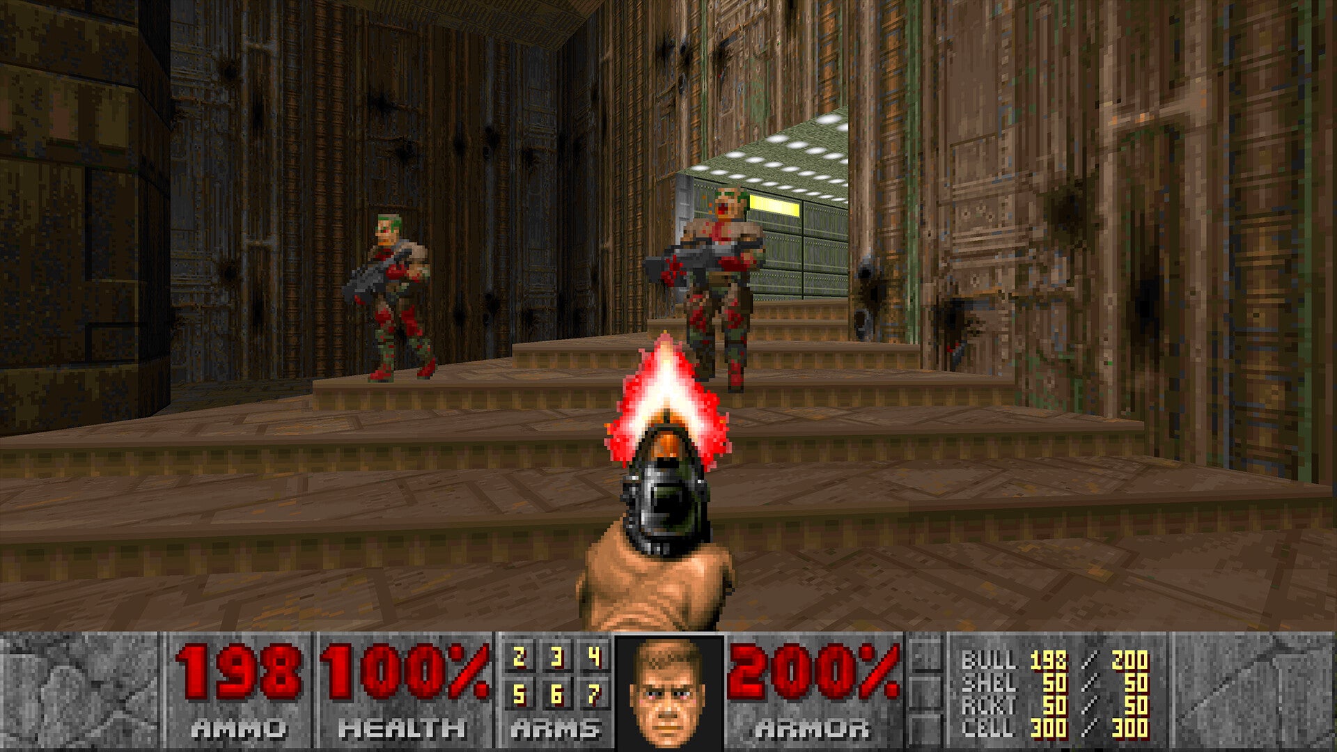 Screenshot of a first-person shooter game with player character and enemies in a dungeon-like setting.