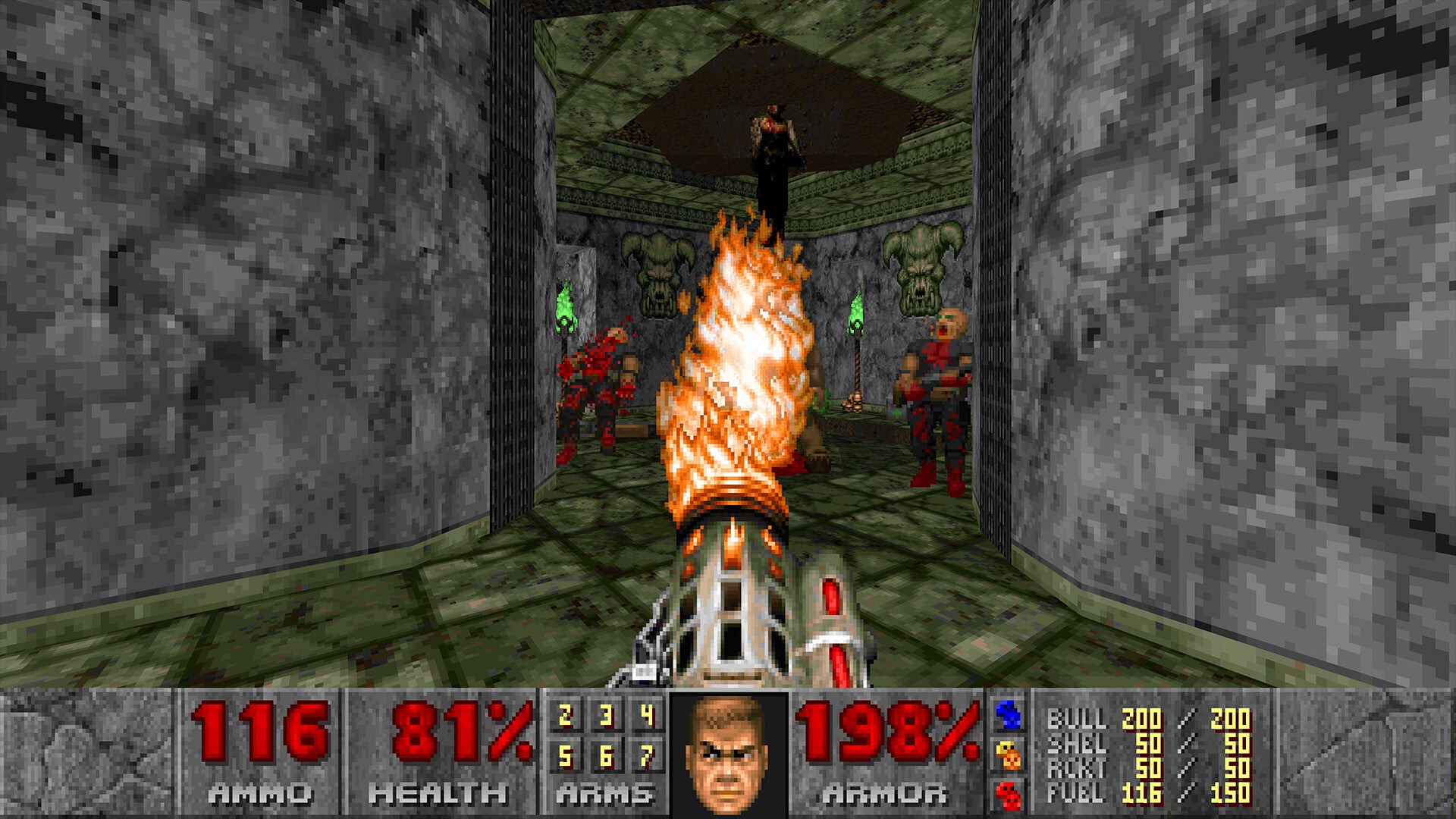 Screenshot of a classic first-person shooter game with characters and health stats.