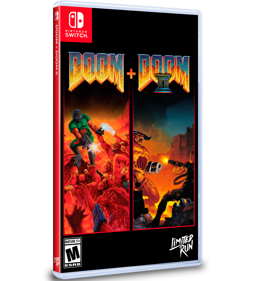 Doom + Doom II game case for Nintendo Switch with colorful graphics and character illustrations.