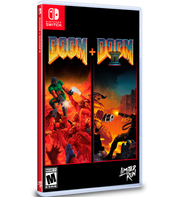 Doom + Doom II game case for Nintendo Switch with colorful graphics and character illustrations.