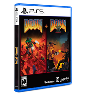 PlayStation 5 game case for 'Doom' and 'Doom II' with colorful graphics on a white background.