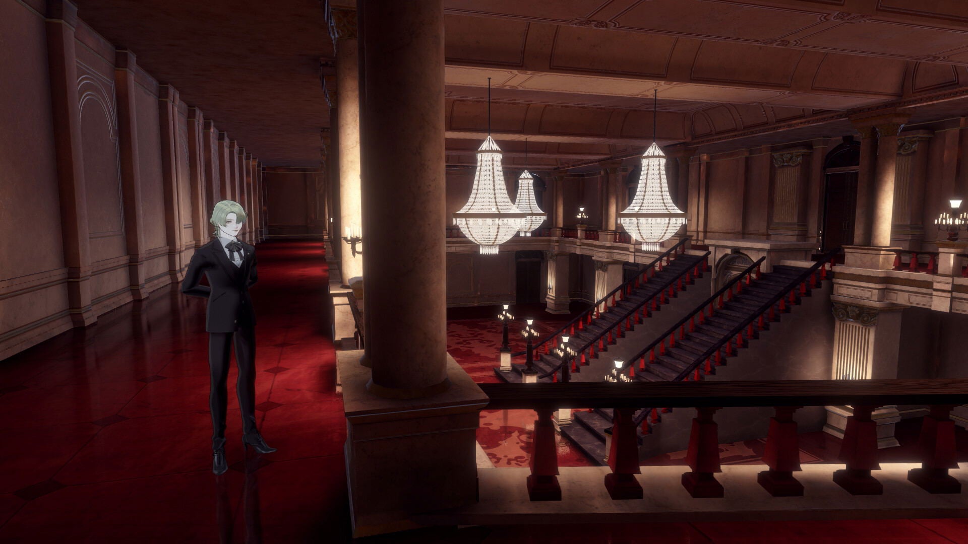 Man in a suit standing in a grand hall with chandeliers and red carpet