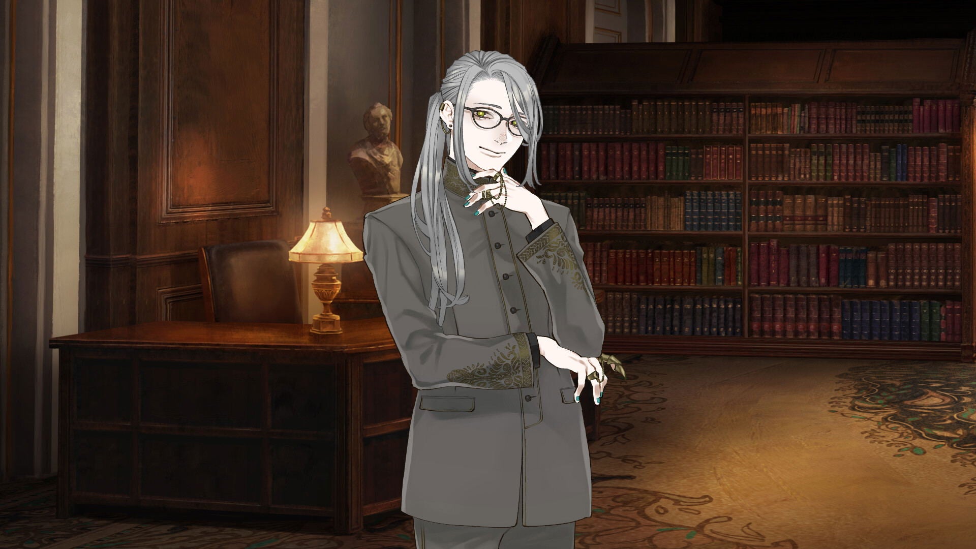 Character in a gray suit standing in a dimly lit room with bookshelves and a lamp.